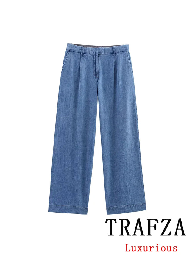 TRAFZA Vintage Casual Chic Women Cowboy Suit Single Breasted Loose Jackets Long Pants Fashion 2025 Spring Summer Denim Suits