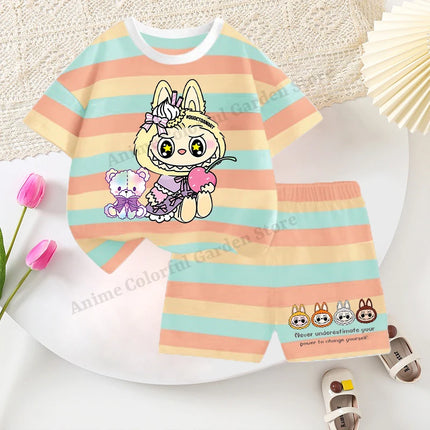 2pcs Labubu T-shirts Shorts Set for Children Pop Mart Fashion Striped Short Sleeved Shorts Suit Boys Girls Summer Clothes Suits