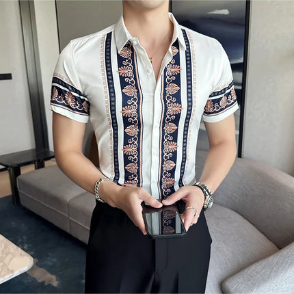 2023 Summer New Fashion Short Sleeve Print Shirt Men Slim Fit Business Social Party Dress Shirts Streetwear Plus Size 6XL-M