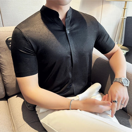 New Chinese Style Stand-up Collar Seamless Polo Shirts Summer Fashion Jacquard Short Sleeve Slim Elasticity Breathable T-shirt