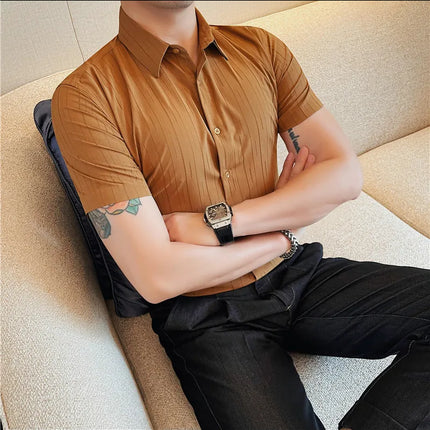 Plus Size 4XL-M Luxury Summer Fashion Striped Shirts Men's Short Sleeved Slim Fit Casual Business Shirt 2024 New Club Outfits