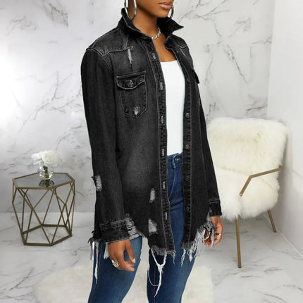 Women Jeans Jackets Spring Summer Ripped Denim Vintage Casual Denim Jacket Long Sleeve Female Chic Coat Streetwear 2024