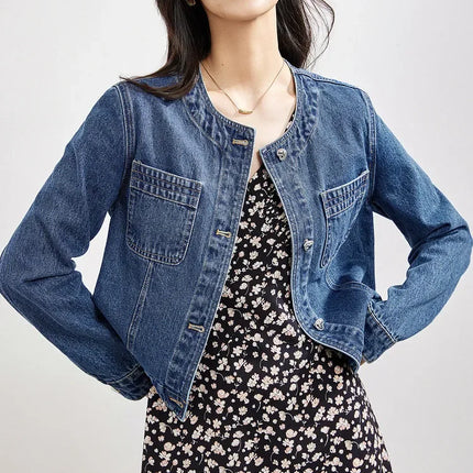SENTUBILA Pure Cotton Denim Jacket Women 2025 Spring Autumn Outerwear Round Neck Pockets Cropped Jeans Coat Womans W41W53402