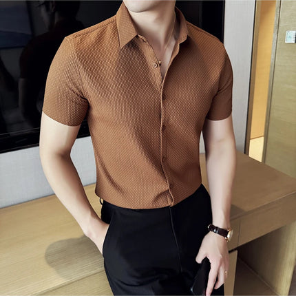 2024 Summer Waffle Shirt Luxury Men's Slim Fit Casual Short Sleeved Business Versatile Dress Shirt Men Clothing Plus Size 4XL-M