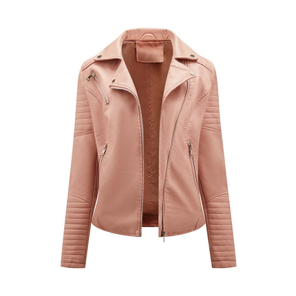 Spring and Autumn short women's leather jacket, Slim lapel biker suit, oblique zipper jacket women's coat