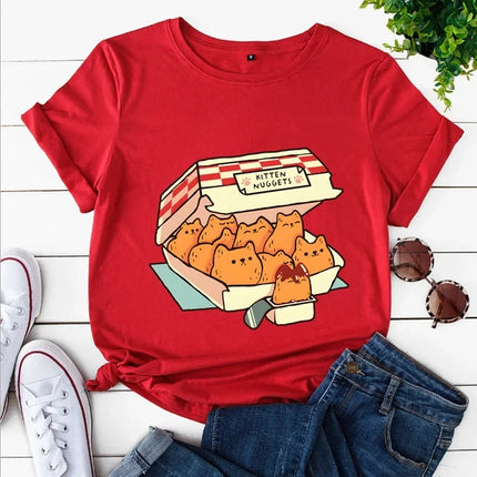 Kitten Nuggets Fast Food Cat Print Women T Shirt Duck with Knife Cartoon T-shirts Duck Around and Find Out Funny Tshirt Tops Y2k