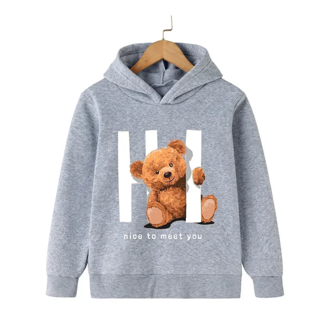 Autumn Winter Children Hoodies Kawaii Hi Teddy Bear Print Girls Boys Baby Clothes Casual Fashion Kids Sweatshirt Pullovers Tops