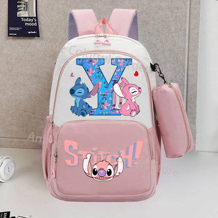 Disney Stitch Backpack with Pencil Bag for Students Anime High-capacity Schoolbag Boys Girls Letter A-Z Printed Backpacks Gifts