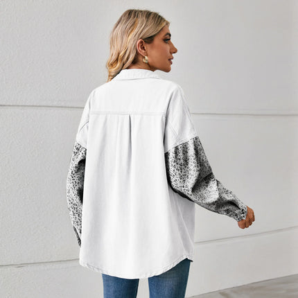 Washed Denim Jacket For Women Blouse Tops Long Sleeve Leopard Print Lady Shirt Casual Pocket Spring Women's Jean Cardigans