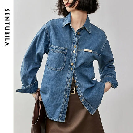 SENTUBILA 100% Cotton Washed Denim Jacket for Women 2025 Spring Retro Loose Patchwork Pockets Leather Logo Coat W43C56148