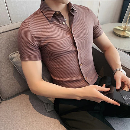 Summer High Quality Striped Ribbon Short Sleeve Shirt Men's Slim Fit Business Formal Wear Blouse Streetwear Plus Size 4XL-M