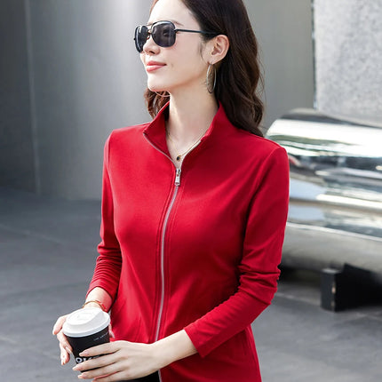 New Women's Zippered Stand Collar Jacket Slim Fit Long Sleeve Cotton Solid Color Casual Outerwear