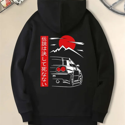 Men's Casual Hoodie with Japanese Sports Car Sunset Pattern – Autumn and Winter Geometric Pattern Printed Sweatshirt