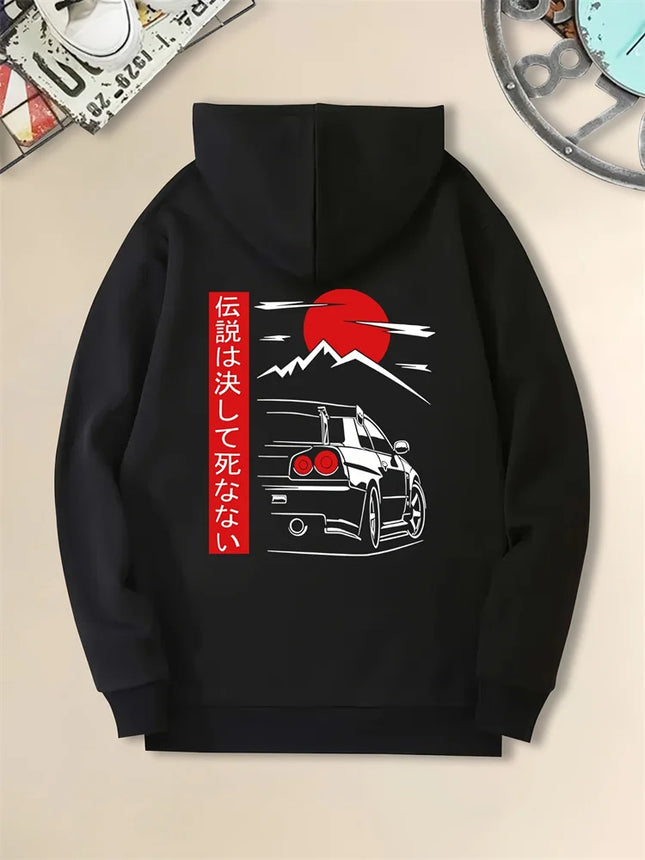 Men's Casual Hoodie with Japanese Sports Car Sunset Pattern – Autumn and Winter Geometric Pattern Printed Sweatshirt