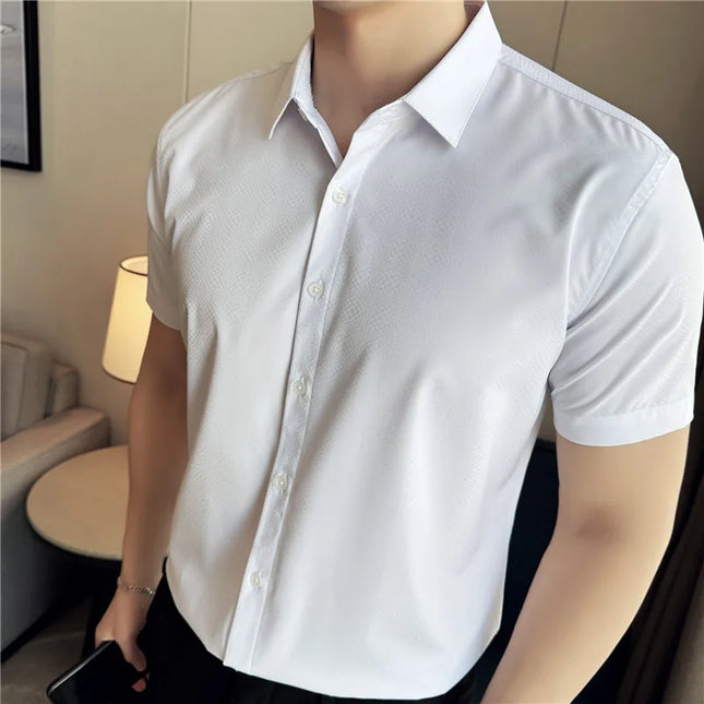 High Quality Ice Silk Elastic Jacquard Shirts 2024 Summer New Men Casual Short Sleeved Slim Fit Business Versatile Shirt 4XL-M