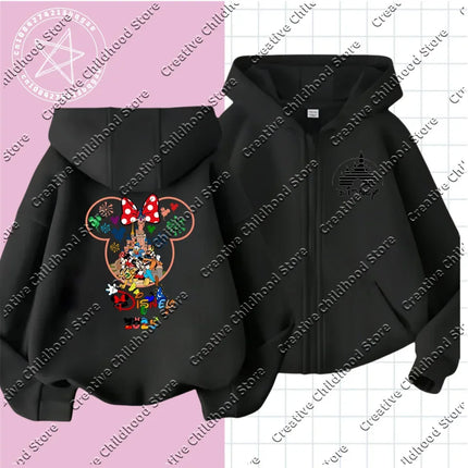 2025 Disney Minnie Mouse Girl Cartoons Kawaii Girl Clothes zipper Hoodie Boy Children Top Caricature Fashion Disneyland Trip