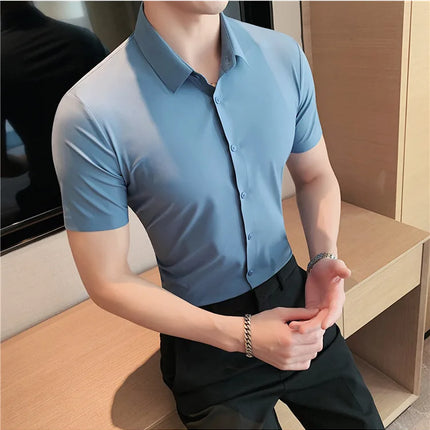 6 Colors Summer Ice Silk No Trace High Elasticity Shirt Men High Quality Short Sleeve Slim Fit Casual Business Dress Shirt 4XL-M