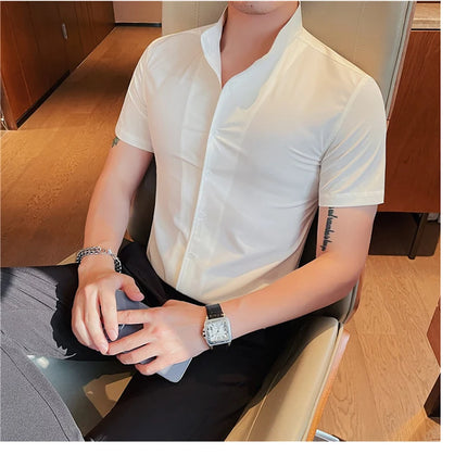 Men's Summer Fashion Stand Collar Business Casual Short Sleeve Shirt Luxury Slim Fit Solid Dress Shirt Brand Men Clothes 5XL-M