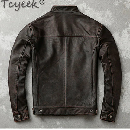 Tcyeek Genuine Leather Jacket for Men Top Layer Cowhide Coats Spring Autumn Vintage Leather Coat Mens Jackets Jaqueta Masculina