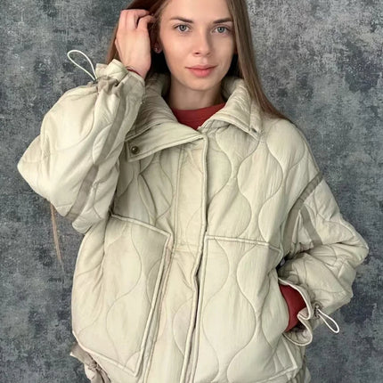 ZBZA Women Quilted Jacket Coat Drawstring High Neck Zipper Hidden Button Clip Cotton Outerwear Fall Winter New Female Chic Coat