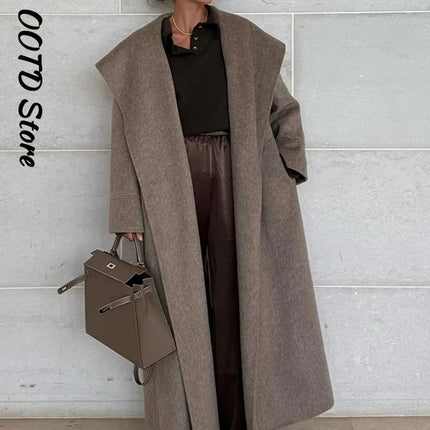 Elegant Shawl Collar Lace Up Long Woolen Coat Women Full Sleeve Belt Lapel Thick Overcoat 2025 Autumn Winter Lady Chic Outwear