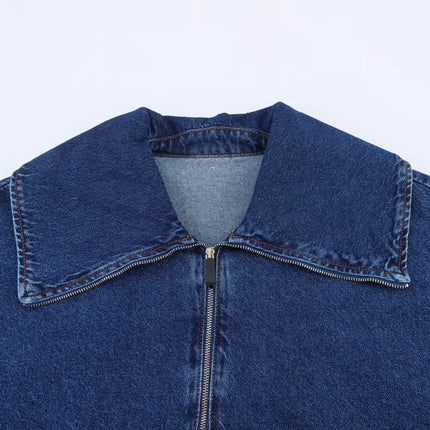 TRAFZA Vintage Casual Chic Women Cowboy Suit Zipper Loose Jackets Long Pockets Pants Fashion 2025 Spring Summer Denim Suits