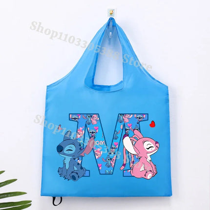 Disney Stitch Foldable Shopping Bag for Women Men High-capacity Reusable Handbags Cartoon Letter A-Z Printing Portable Tote-bags
