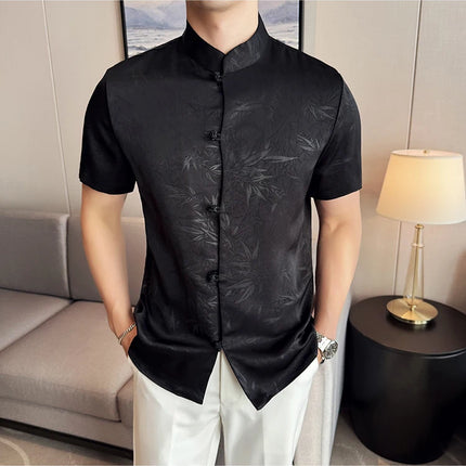 2024 Summer Chinese Style Standing Collar Shirts For Men Fashion Print Short Sleeve Slim Fit Casual Social Party Tuxedo 4XL-M