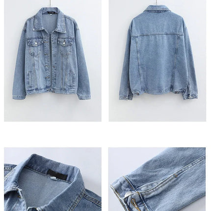 Vintage Women Jacket 2024 Autumn Winter Oversize Denim Jackets Washed Blue Jeans Coat Turn-down Collar Outwear Bomber Jacket