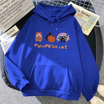 2024 Women Halloween Sweatshirt Cat And Pumpkin Pattern Cotton Drawstring Jumper Hoodie Unisex Fashion Casual Loose Sportshoodie