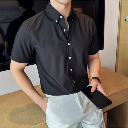 Plus Size 4XL-M High Quality Bamboo Fiber Fabric Dark Stripes Shirts Men Summer Slim Fit Casual Thin Breathable Social Shirt