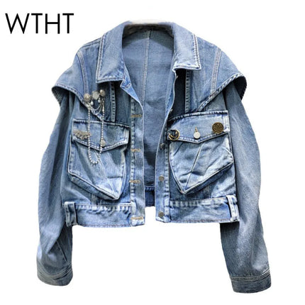 WTHT Fashion Women Metal Chain Decoration 3D Pocket Cargo Denim Jacket 2025 Summer Trendy Lapel Long Sleeves Coat Female 1LS1390