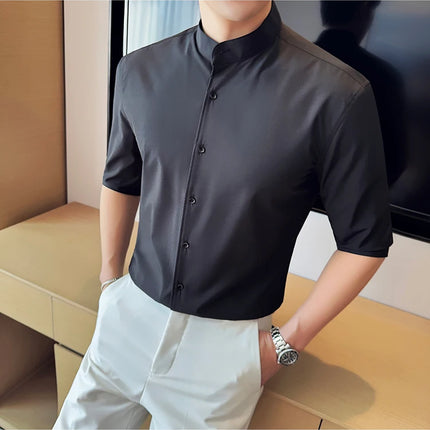High Quality Chinese Style Stand Up Neck Shirt Men's Summer Mid Sleeved Slim Fit Casual Social Business Blouse Homme 4XL-M