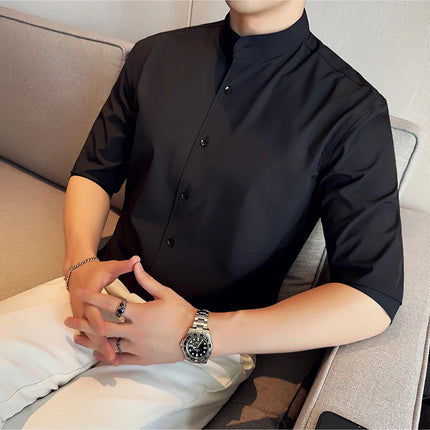 High Quality Chinese Style Stand Up Neck Shirt Men's Summer Mid Sleeved Slim Fit Casual Social Business Blouse Homme 4XL-M