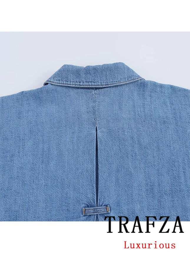 TRAFZA Vintage Casual Chic Women Cowboy Suit Single Breasted Loose Jackets Long Pants Fashion 2025 Spring Summer Denim Suits