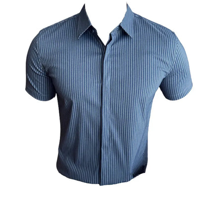 2024 Summer Fashion Vertical Striped Shirts Luxury Men's Hidden Button Short Sleeved Slim Fit Casual Business Shirt Men Clothing