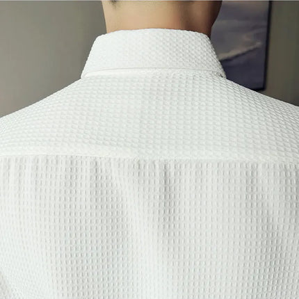2023 Summer Waffle Short Sleeved Shirt Men Fashion Casual Solid Color Lapel Loose Shirt Male Korean Social Business Dress Blouse