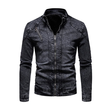 Cowboy jacket men's retro style personalized slim fit stand up collar zipper warm workwear jacket motorcycle riding suit