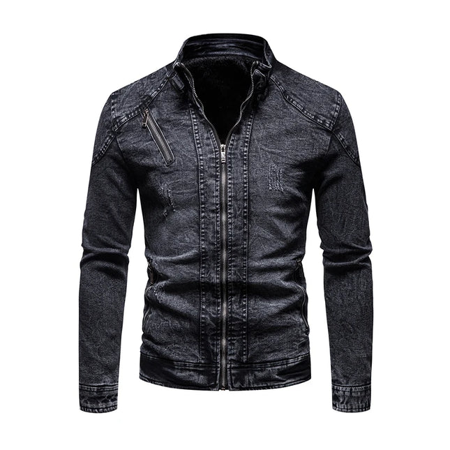 Cowboy jacket men's retro style personalized slim fit stand up collar zipper warm workwear jacket motorcycle riding suit