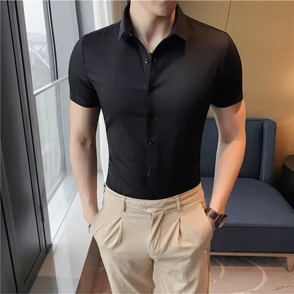 2025 Summer Ice Silk Seamless Shirt High Quality Silky Smooth Short Sleeve Slim Casual Business Tuxedo Shirts Mens Clothing 4XL