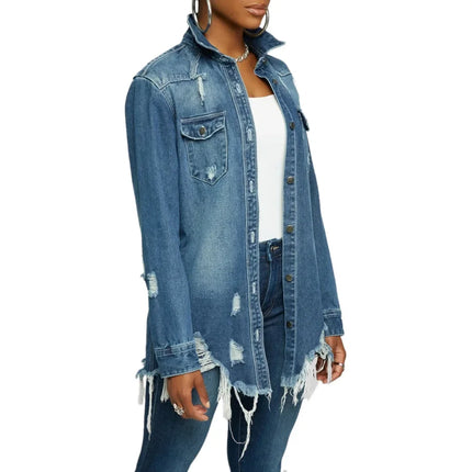 Women Jeans Jackets Spring Summer Ripped Denim Vintage Casual Denim Jacket Long Sleeve Female Chic Coat Streetwear 2024