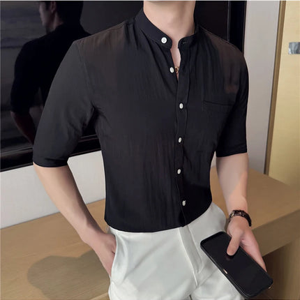 Summer New Chinese Style Stand Up Collar Shirt High Quality Slim Fit Half Sleeved Casual Social Party Shirt Men's Clothing 4XL-M