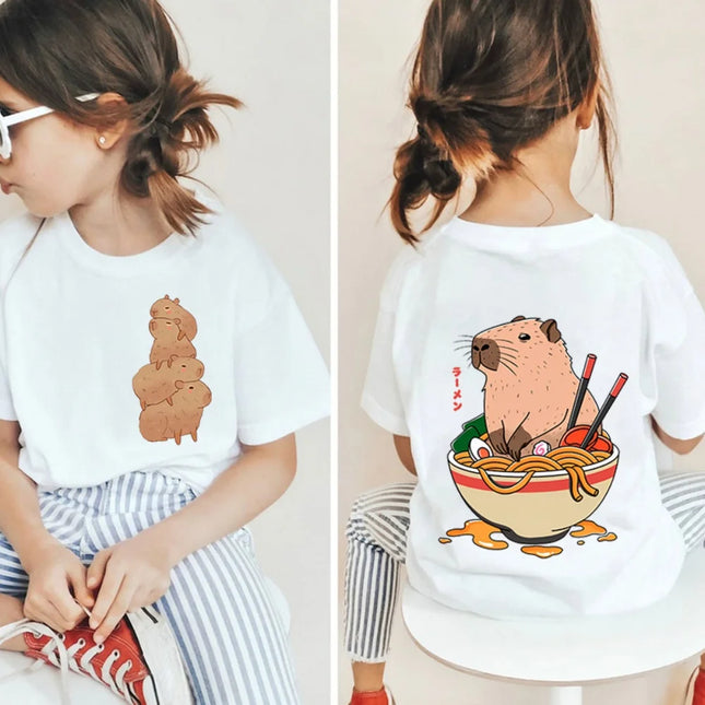 Kawaii Capybara Lovers Kids T-Shirt Short-Sleeved White T-Shirts Cartoon Tees Summer Children Top Crew Neck Children's Clothing