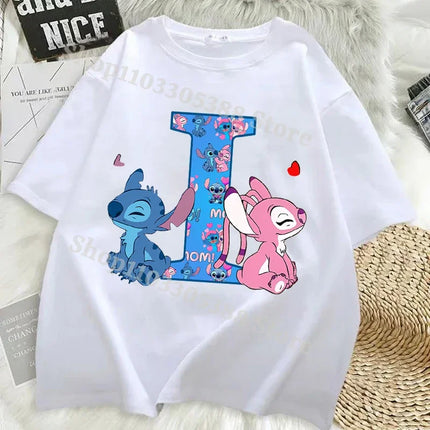 Disney Stitch T-shirts for Women Men Anime Letter A-Z Printed Short Sleeved Shirt Female Male Summer Fashion Top Adults Clothes
