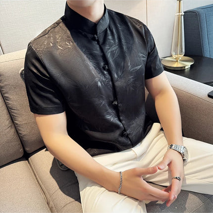 2024 Summer Chinese Style Standing Collar Shirts For Men Fashion Print Short Sleeve Slim Fit Casual Social Party Tuxedo 4XL-M
