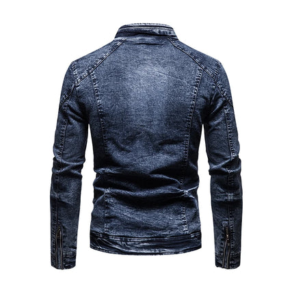 Cowboy jacket men's retro style personalized slim fit stand up collar zipper warm workwear jacket motorcycle riding suit
