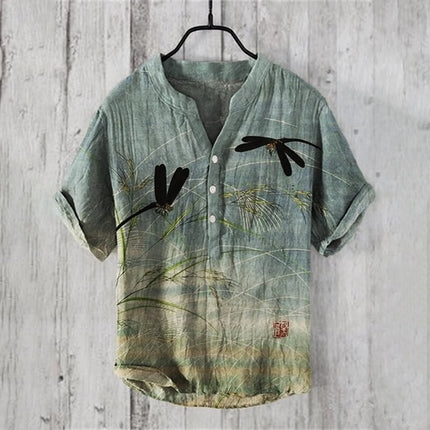 Men's Summer V-neck Henley Short Sleeve Shirt Men's Casual Shirt Moon View Moonlight 3D Printed Short Sleeve Linen T-Shirt Top