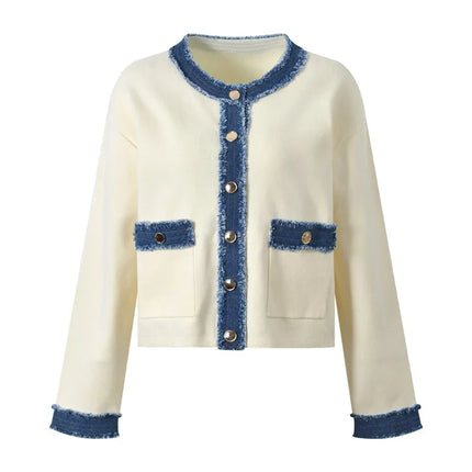 2025 Women's contrast denim patchwork knit jacket pocket o collar single breasted long sleeve women's short white coat 25A084