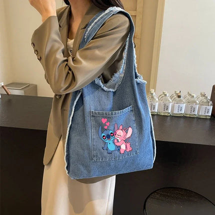 Disney Stitch Fashion Retro Denim Bag Women Anime High-capacity Shoulder Bag Female Students Commute Handbag Popular Tote-bag