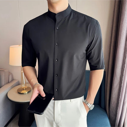 High Quality Chinese Style Stand Up Neck Shirt Men's Summer Mid Sleeved Slim Fit Casual Social Business Blouse Homme 4XL-M